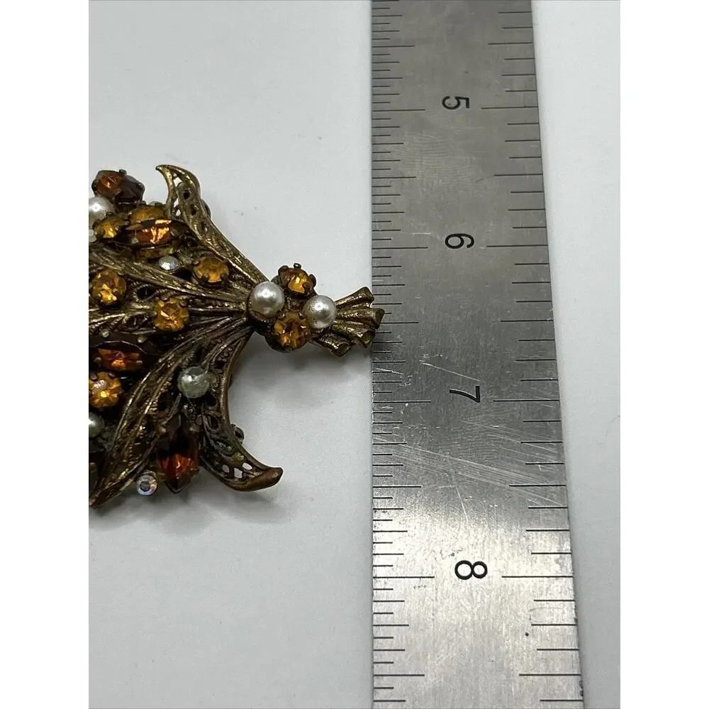 Vintage Floral Bouquet Brown Rhinestone‎ Faux Pearl Gold Tone Brooch Pin